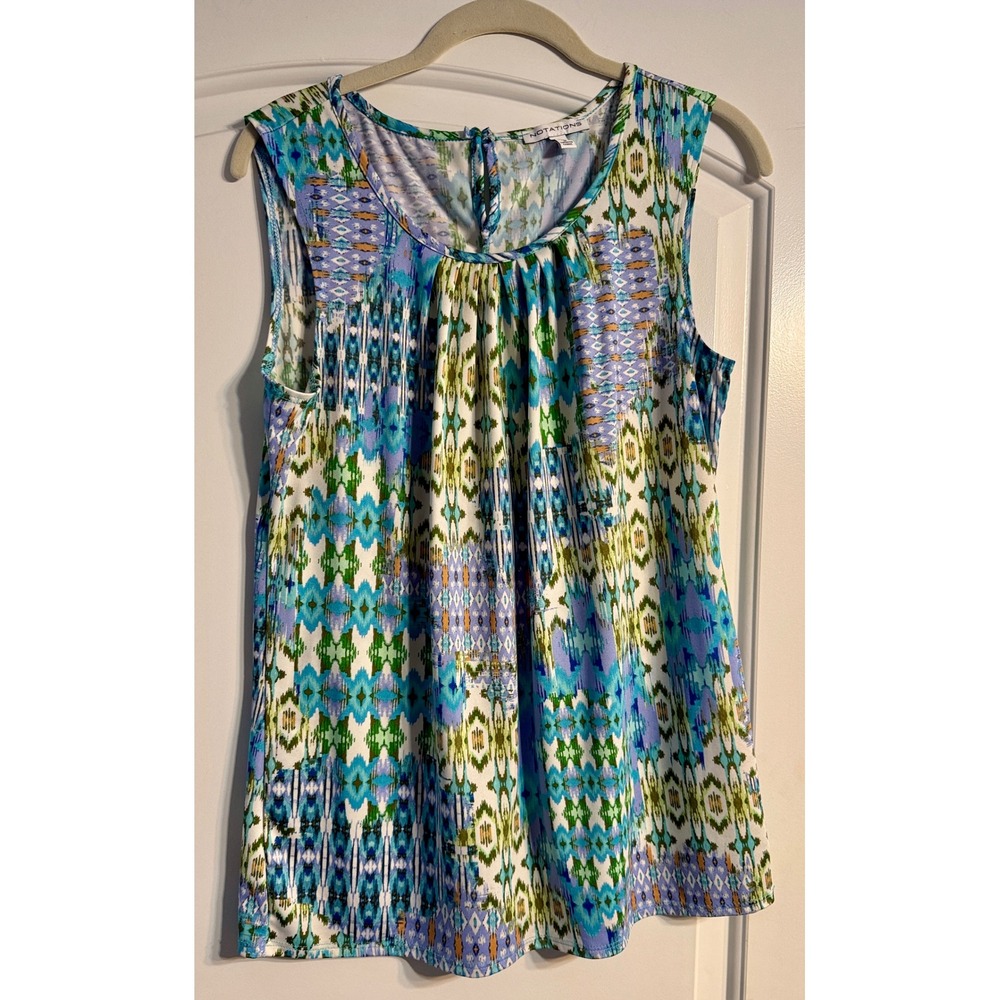 Notations Sleeveless Blouse Women Small‎ Blue Green Ikat Geometric Top